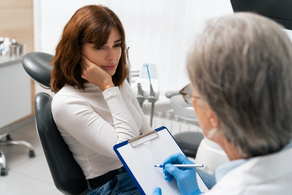 A young brunette sitting in a dentist's chair, holding her tooth in pain during a consultation.